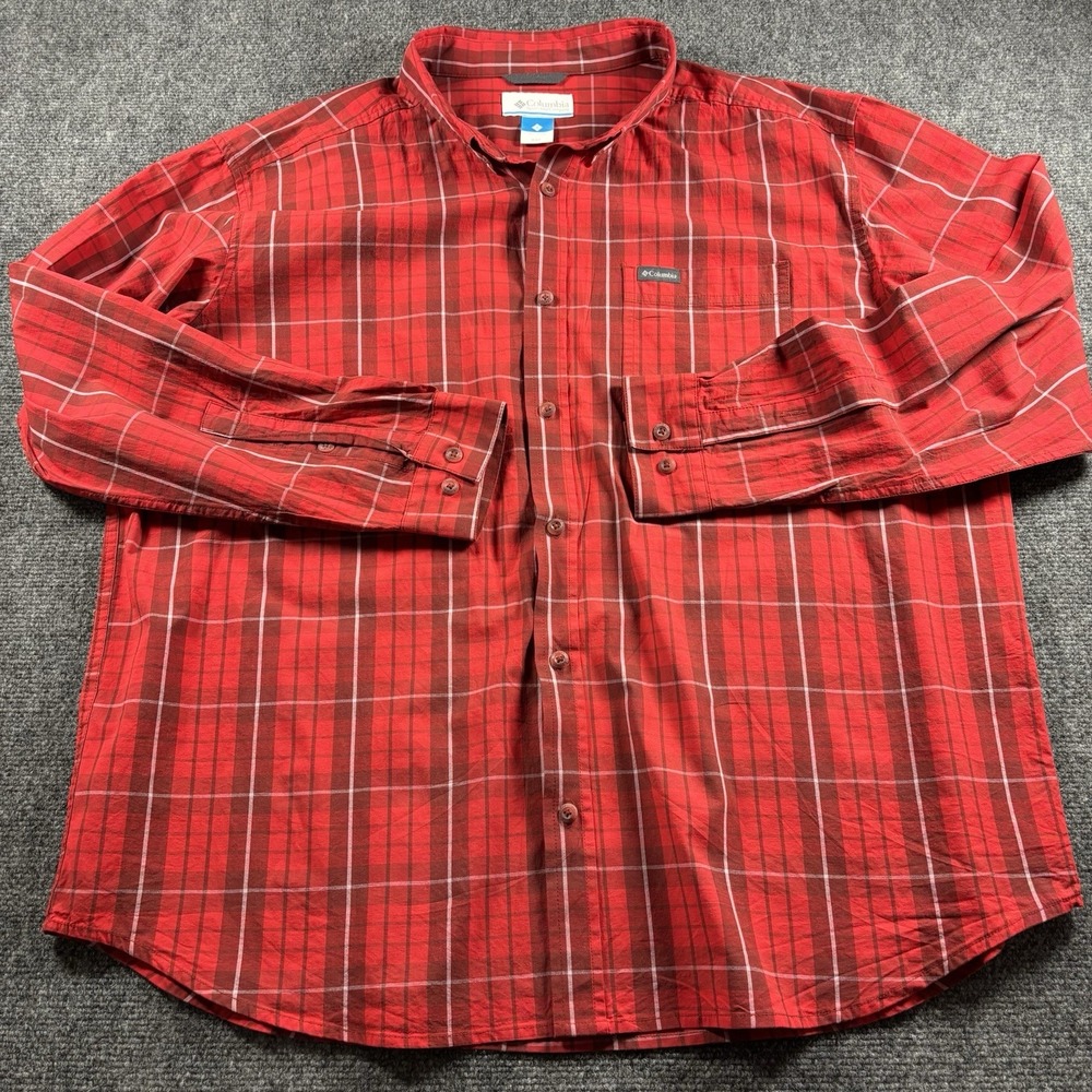 Columbia Shirt Men's XXL Red Plaid Long Sleeve Button Down Outdoors Comfy